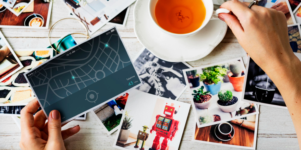 photos on wood surface Scattered photos on wood like surface